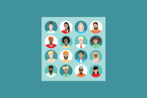 Illustration of twelve people's heads in a grid formation of four horizontal and four vertical. The illustrations shows a diverse range of people with different skin tones, hairstyles, cultural dress and ages. All are smiling.